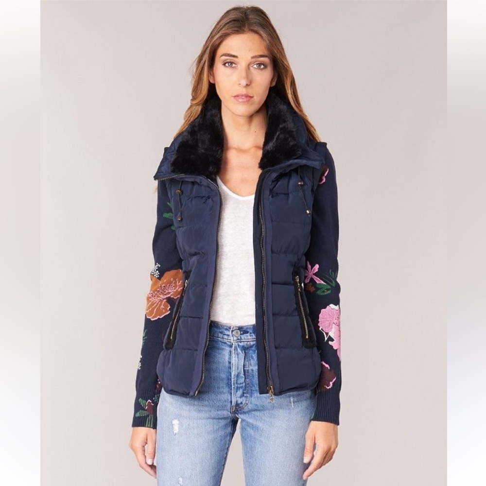Desigual Navy Puffer Jacket with detachable Floral Sleeves